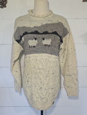 VTG Glencroft UK British Wool Sheep Scene Aran Knit Jumper Cottagecore Sz Small